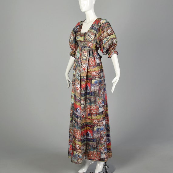 XS Maxi Dress 1970s Novelty Print Flowy Tie Back … - image 3