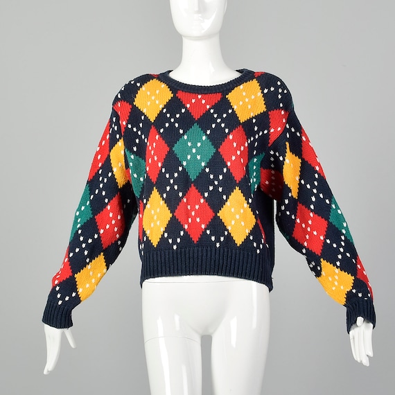 Large Navy Argyle Sweater Preppy 1980s Argyle Medi