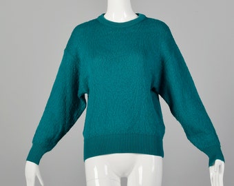 Small 1980s Teal Green Sweater Wool Oversized Knit Heavyweight Winter Jumper
