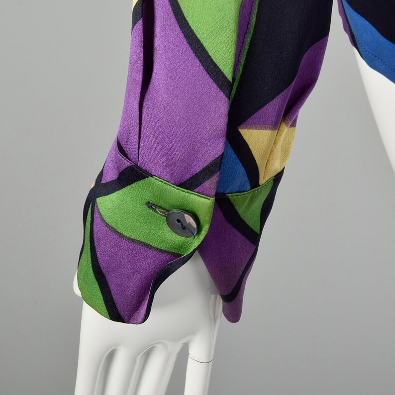 Large Vintage Blouse Geometric Silk Blouse Vintage Colorful Blouse Vintage Silk Rainbow Shirt Long Sleeve Top