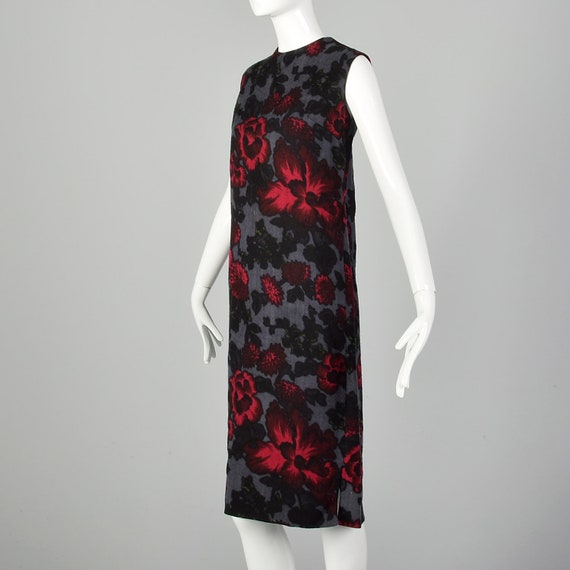 Small 1960s Gray Shift Dress Red Floral Sack Wool… - image 2