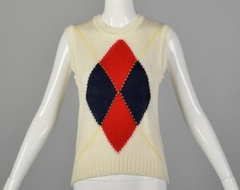 XS Cream Sweater Vest 1980s Argyle Sleeveless Sweater 80s Loose Knit Vest