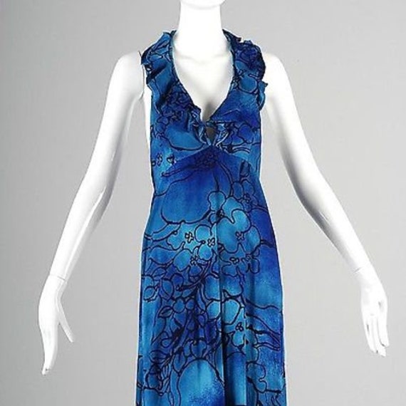 XS 1970s Maxi Dress 70s Halter Dress Blue Hawaiia… - image 7