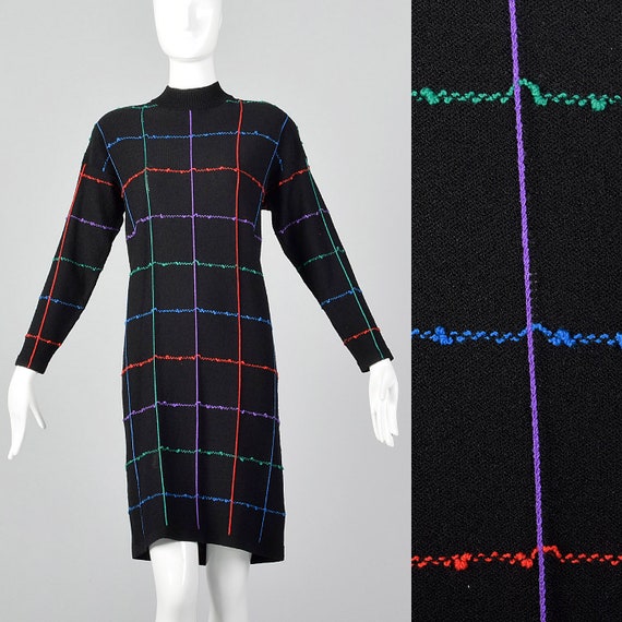Small 1980s Black Sweater Dress Colorful Windowpan