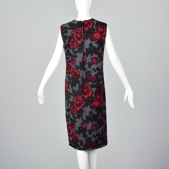 Small 1960s Gray Shift Dress Red Floral Sack Wool… - image 3