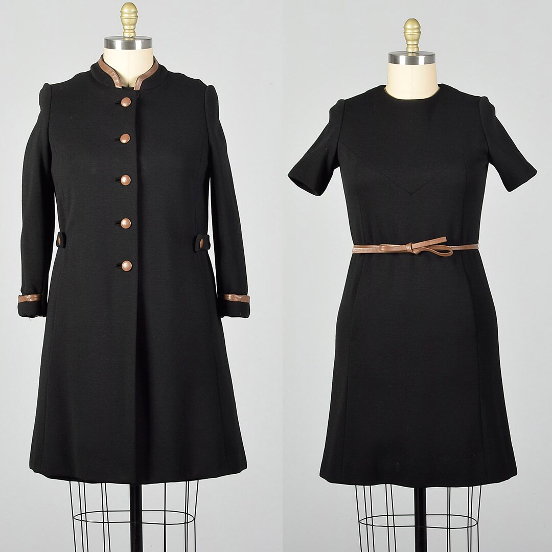 Medium 1960s Black Coat Dress Set Mod Brown Leather Trim Sophisticated
