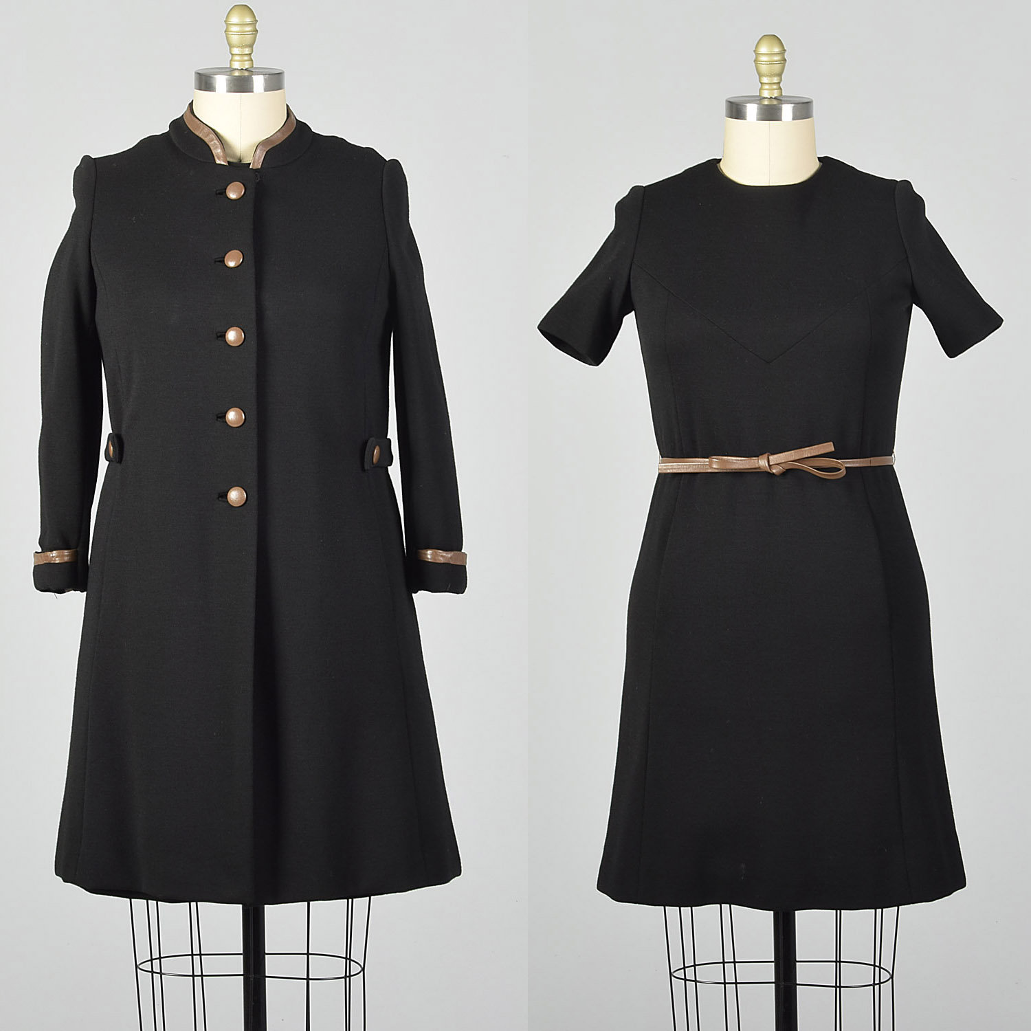 Medium 1960s Black Coat Dress Set Mod Brown Leather Trim Sophisticated