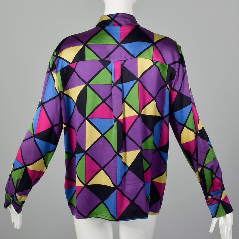 Large Vintage Blouse Geometric Silk Blouse Vintage Colorful Blouse Vintage Silk Rainbow Shirt Long Sleeve Top