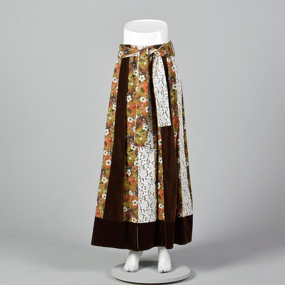 Medium Brown Skirt Floral Maxi 1970s Lace Long Ski
