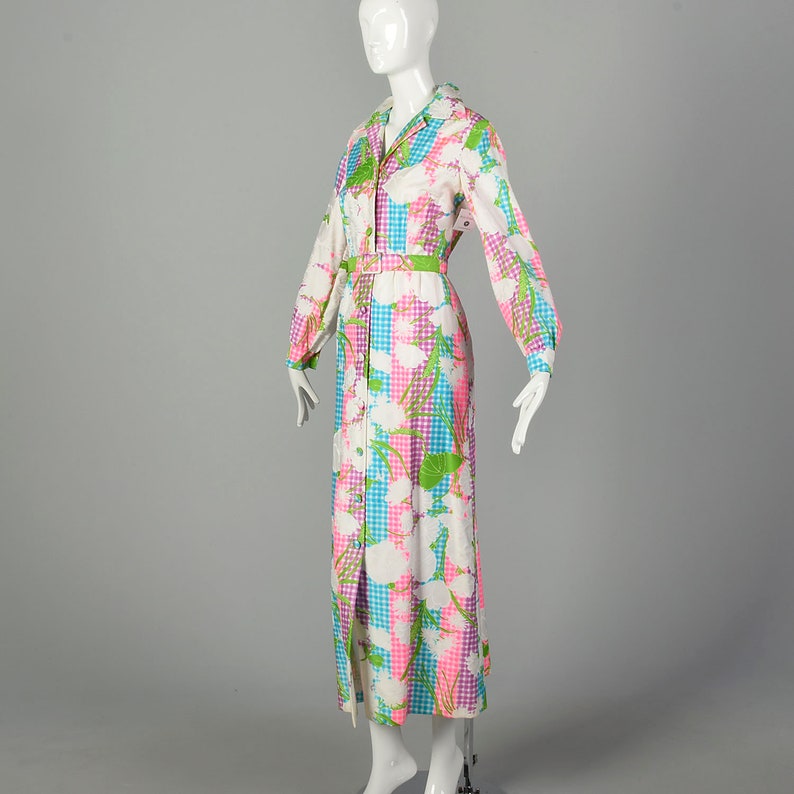Large Maxi Dress 1970s Colorful Bright Floral Belt Long Sleeve