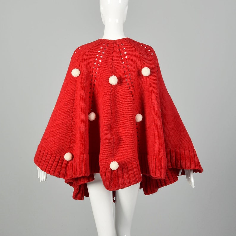 1970s Red Wool Shawl Knit Cape Pom Pom Poncho Wrap