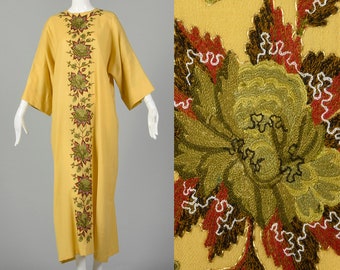 OSFM Yellow Kaftan 1970s Bohemian Floral Embroidery Fall Autumn 70s Boho Long Sleeve Maxi Dress