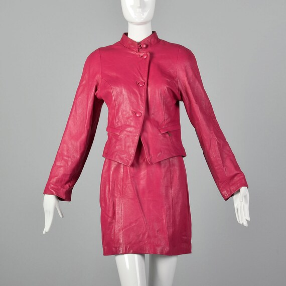 XS 1980s Hot Pink Skirt Suit Leather Blazer Mini 8