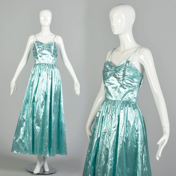 Small 1980s Aqua Sleeveless Pleated Shiny Prom Ma… - image 1