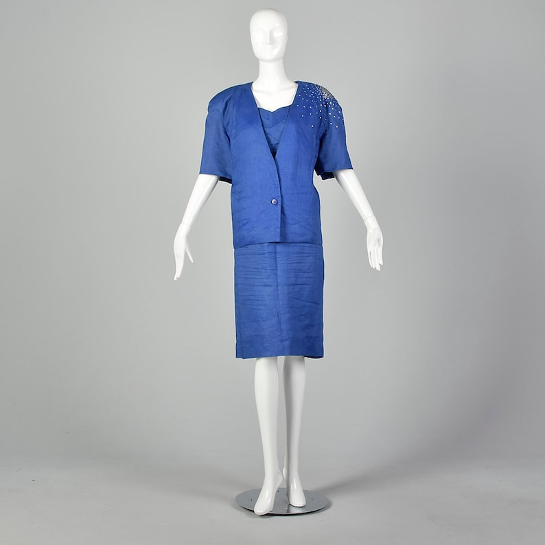 Large Blue Skirt Suit 1980s Three Piece Set Pencil Skirt Top Jacket Blazer Rhinestones Padded Shoulders