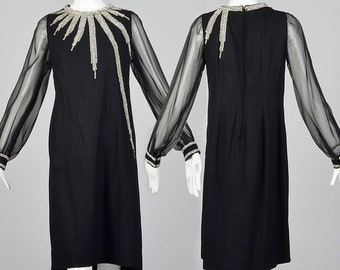 XS Rhinestone Party Dress Black Sheer Sleeve 1960s Vintage Dress New Years Loose Short Sheath
