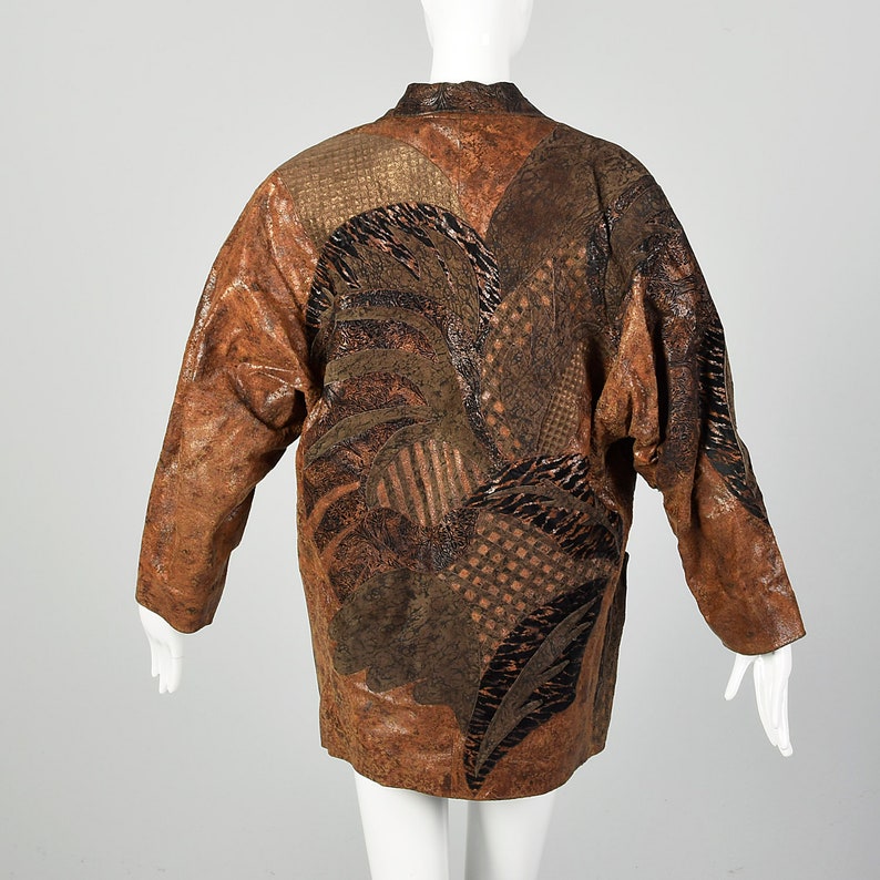 Small 1980s Coat Brown Leather Patchwork Oversized Fleece Lined 80s Jacket