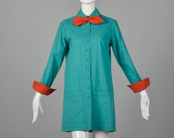 Medium Green Tunic Top 1970s Red Trim Neck Bow Tie Mini Shirt Dress