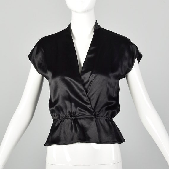 XS Black Top 1980s Satin Wrap Top Peplum Cross Ov… - image 1