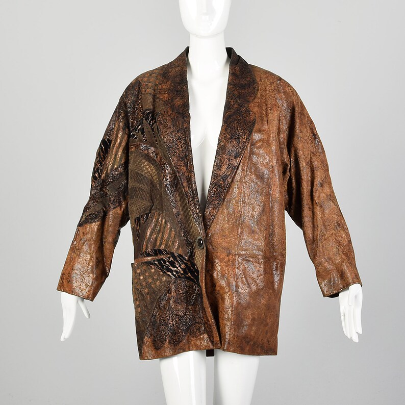 Small 1980s Coat Brown Leather Patchwork Oversized Fleece Lined 80s Jacket