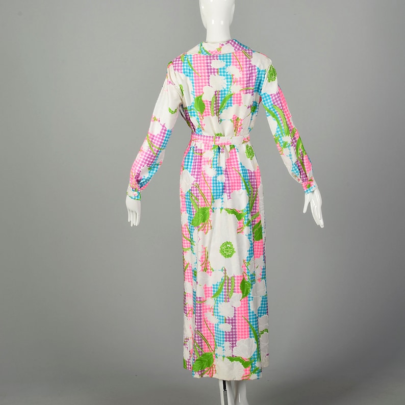 Large Maxi Dress 1970s Colorful Bright Floral Belt Long Sleeve