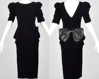 XS 1980s Black Velvet Peplum Dress 80s Does 40s Dress Vintage Velvet Dress Puff Sleeve Dress 80s Velvet Dress