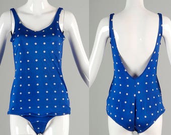 Small 1960s Swimsuit 60s Swim Suit Polka Dot Blue White Polkadot Pin Up Swimwear One Piece Beach Pool Summer Vintage