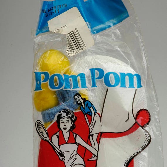1970s Pom Pom Socks Sports Socks Blue Yellow Stri… - image 2