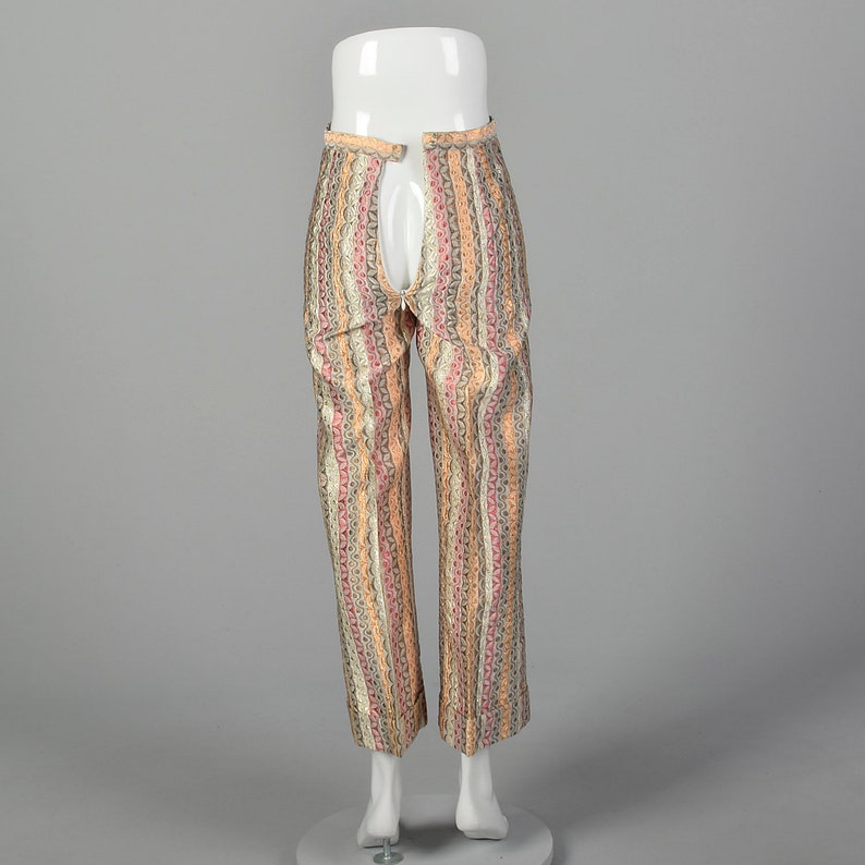 XXS Metallic Pants 1970s Gold Silver Copper Red Stripes Textured Weave Wide Leg Trouser High Waited Pants