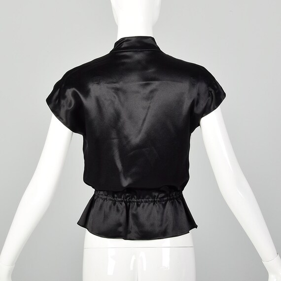 XS Black Top 1980s Satin Wrap Top Peplum Cross Ov… - image 3