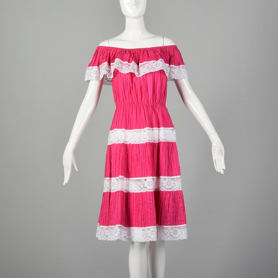 Small Hot Pink Dress 1980s Ruffle Off The Shoulder