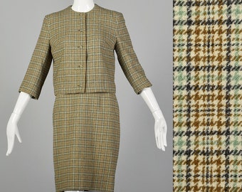 XS Pendelton Skirt Suit 1960s Cream Plaid Two Piece Mod Boxy Jacket Pencil Skirt Set