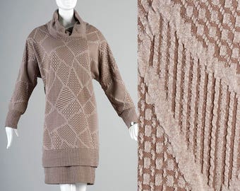 Large 1990s Dress Brown Woven Long Sleeve Turtleneck Geometric Abstract Winter Dress Cowl Neck Avant Garde 90s Vintage