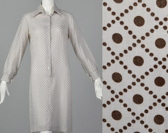 Small 1970s Cotton House Dress Long Sleeve Button Front Brown Print Polka Dot 70s Vintage Dress