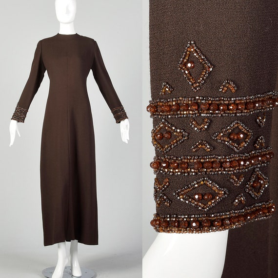 XL Brown Dress 1970s Maxi Beaded Cuffs Winter Maxi