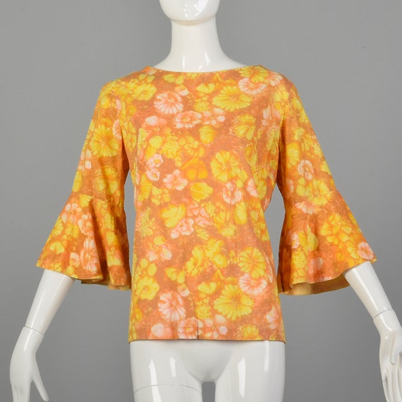 Large 1960s Orange Top Hippie Floral Boho Trumpet