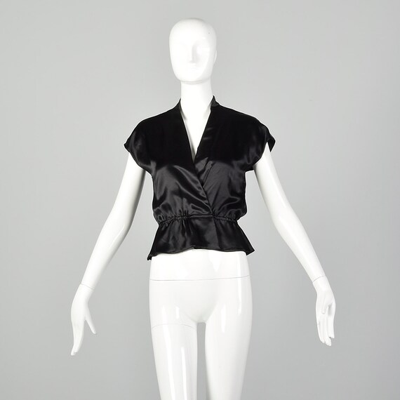 XS Black Top 1980s Satin Wrap Top Peplum Cross Ov… - image 10