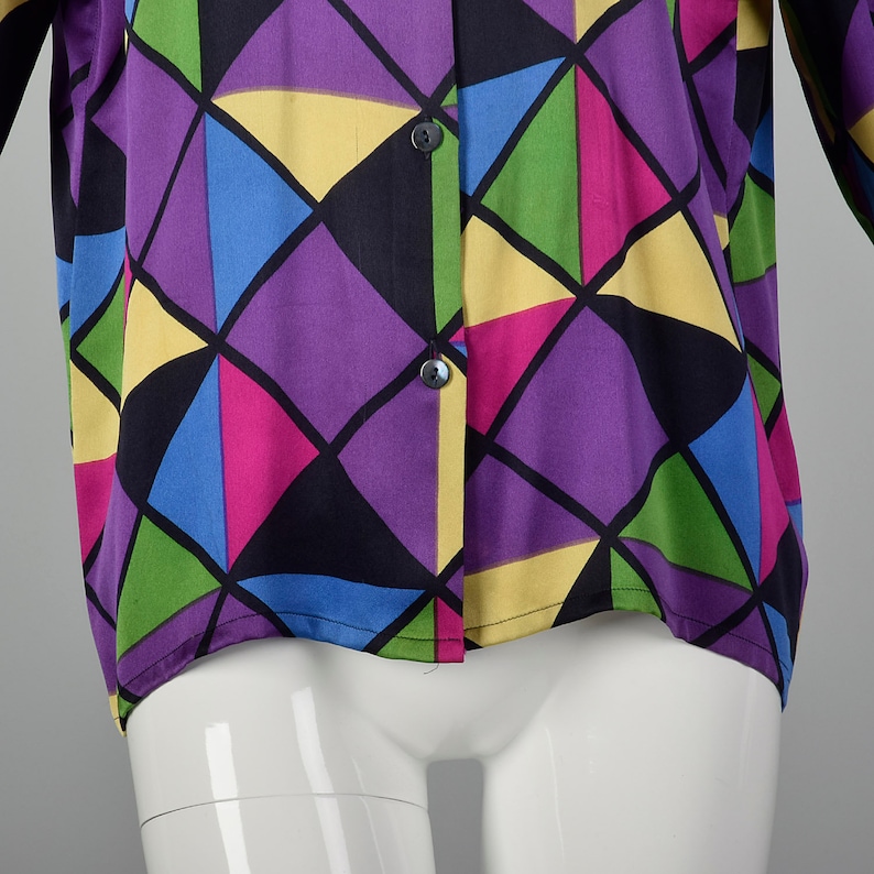 Large Vintage Blouse Geometric Silk Blouse Vintage Colorful Blouse Vintage Silk Rainbow Shirt Long Sleeve Top