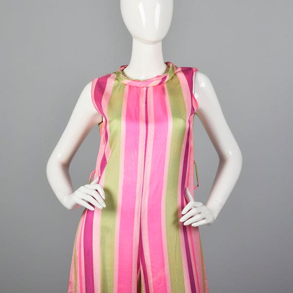 Medium 1960s Pink Stripe Jumpsuit Sleeveless Silk… - image 4