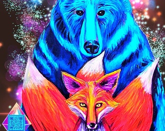 El oso azul y el zorro de tres colas, pegatina de arte celestial, regalo único para los amantes de los animales y el arte, galaxia de arte original, kitsune y kuma