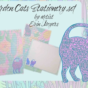 Printable Garden Cats Letter Set: Stationery set for notes, lists, beautiful hand drawn designs with mandala style cats, floral pattern