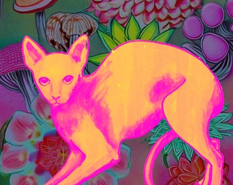 Sphynx Kitty in the garden, Hairless cat art for cat lovers, unique gift for cat owners, pet lovers, fans of flowers, plants, and neons.