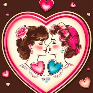 Karta w stylu vintage dla pary lesbijek, piękna oryginalna ilustracja, karta rocznicowa dla żony, dziewczyny, plik cyfrowy, wydruk PNG