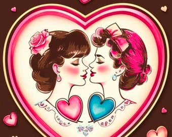 Tarjeta de estilo vintage para pareja de lesbianas, hermosa ilustración original, tarjeta de aniversario para esposa, novia, archivo digital, impresión PNG