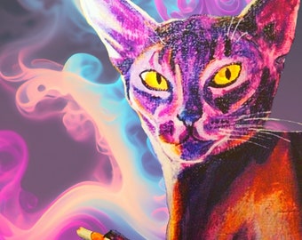 Smoking Kitty Magnet, Funny art for cat lovers, unique gift for cat owners, pet lovers, and smokers, smoke fans, or the rebellious.