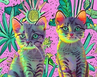 Kittens in the Garden Magnet, colorful neon art for cat lovers, unique gift for cat owners, pet lovers, fans of flowers, and plants.