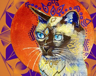 Imán Halo Kitty de ojos azules, arte estilo mandala para amantes de los gatos, regalo único para dueños de gatos, amantes de mascotas, yoguis y amigos creativos.