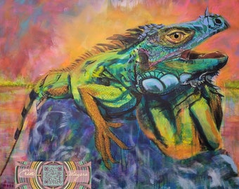 Vibrant Iguana at Sunset Art Magnet for lizard or reptile lovers, unique gift for pet owners, Florida residents, and more.