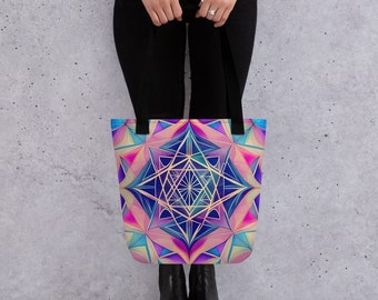 Sacred Geometry Colorful Tote Bag, Shopping Bag, Purse: Hypnotic Turquoise