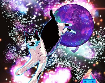 Tuxedo Kitty in Space, celestial art for cat lovers, unique gift for cat owners, pet lovers, cute, funny, black & white cat in the galaxy.